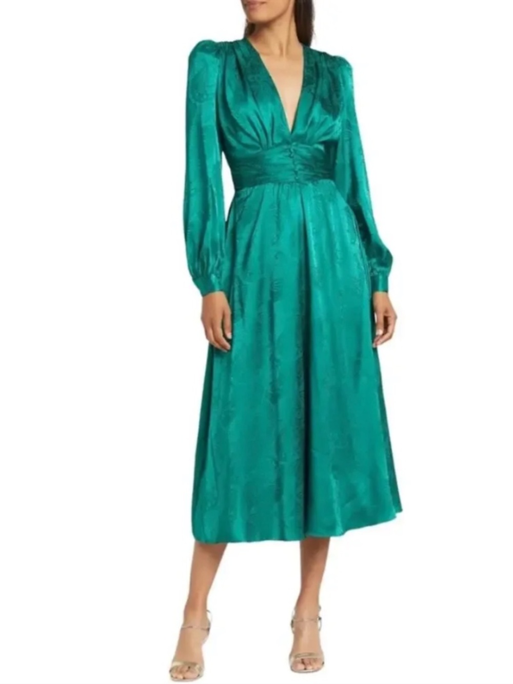 Ronny Kobo Emerald Green Satin Midi Wedding Guest Dress Formal, Small